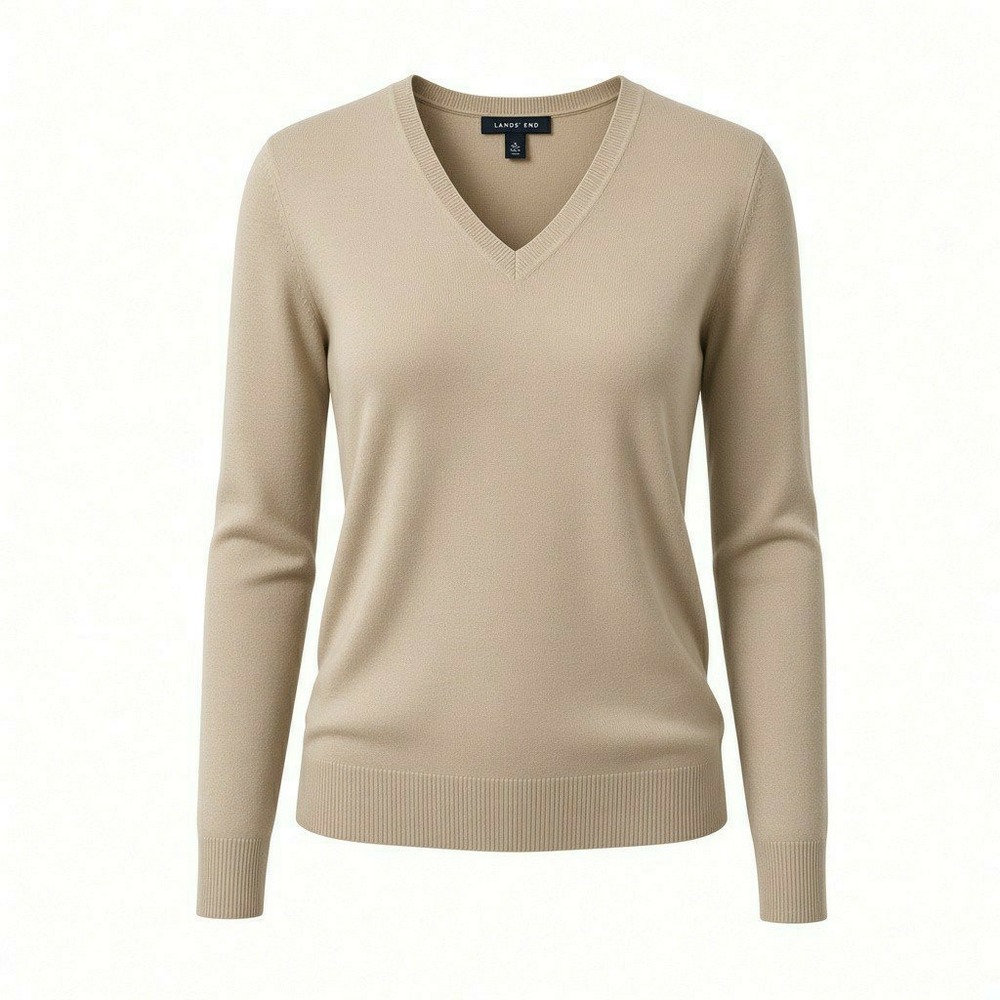 Lands End Womens 100% Cashmere V-Neck Sweater Tan Beige Long Sleeve XL 18-20
